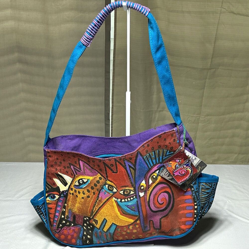 Laurel Burch Multicolor Cat Shoulder Bag Zip Closure Inner Pockets Blue Strap